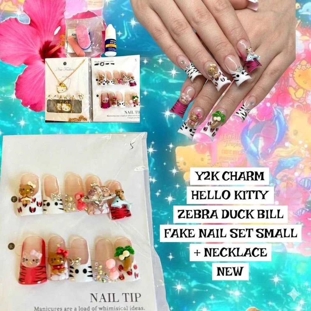 Y2K HANDMADE ZEBRA DUCK BILL HELLO KITTY FAKE NAILS SMALL + NECKLACE NEW